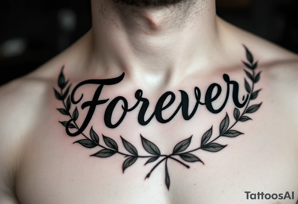 "Forever" in fine serif type, inked in dark green, resting above a laurel wreath. tattoo idea