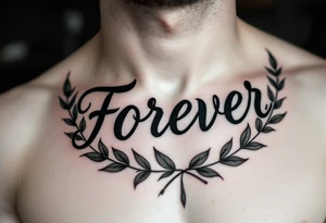 "Forever" in fine serif type, inked in dark green, resting above a laurel wreath. tattoo idea