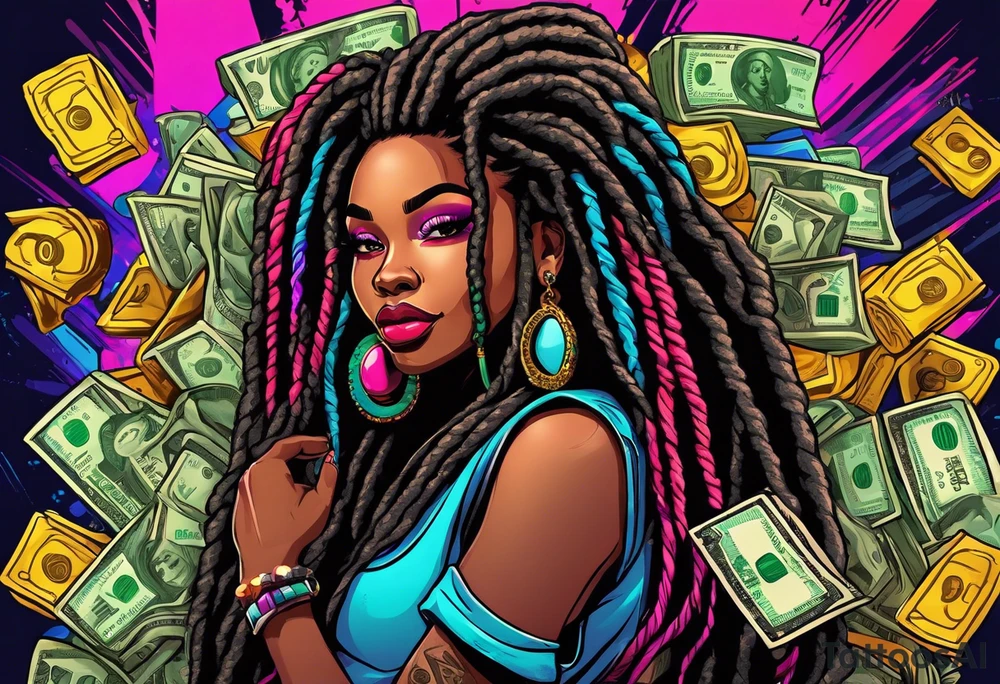beautiful thick black women with long straight dreadlocks, new school style, holding piles of money, colorful, neon, bright, streetwear, streetstyle, urban tattoo idea