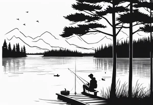 forearm tattoo set on a lake. At the bottom of the tattoo there is a boat dock with a little boy fishing and a little girl reading. There are trees surrounding the lake. tattoo idea