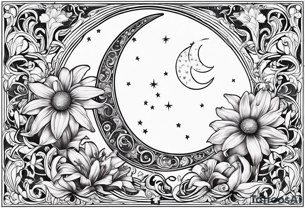 Crescent moon with daisy's, lily’s, crystals, and mushrooms tattoo idea