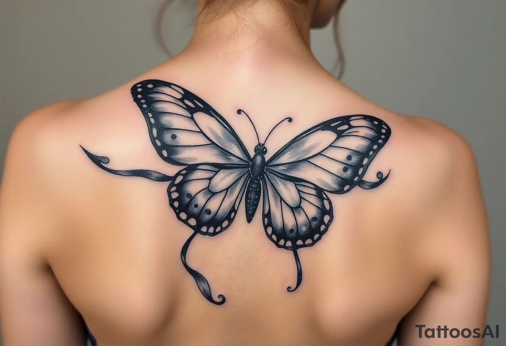 ethereal butterfly with flowing silk ribbons in moonlight tattoo idea