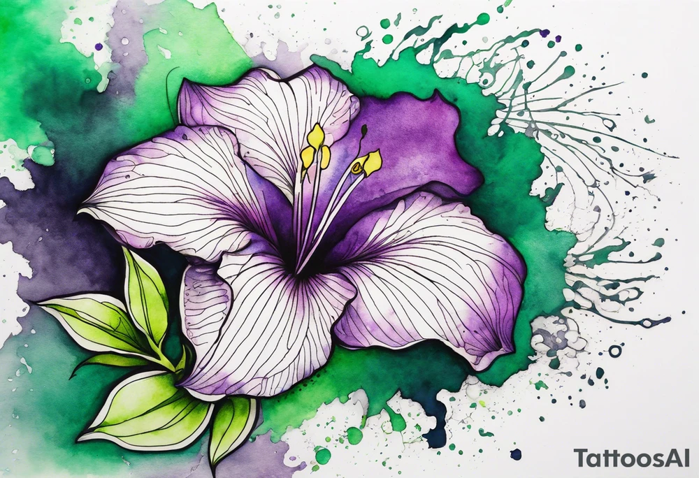 A mystical outline of a rio dipladenia flower and a green and purple watercolor splash in the background tattoo idea