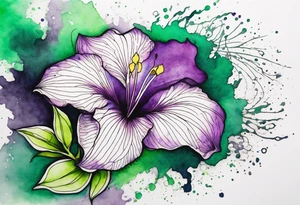 A mystical outline of a rio dipladenia flower and a green and purple watercolor splash in the background tattoo idea