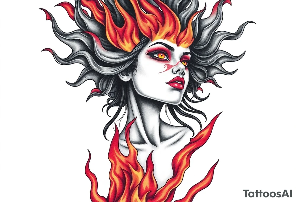 Evil young woman in the flame tattoo idea