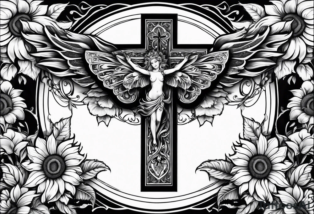 Winged cross with sunflowers and butterflies lower leg sleeve tattoo idea