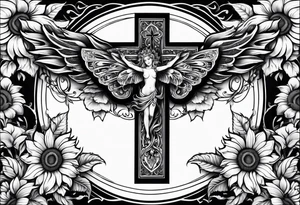 Winged cross with sunflowers and butterflies lower leg sleeve tattoo idea