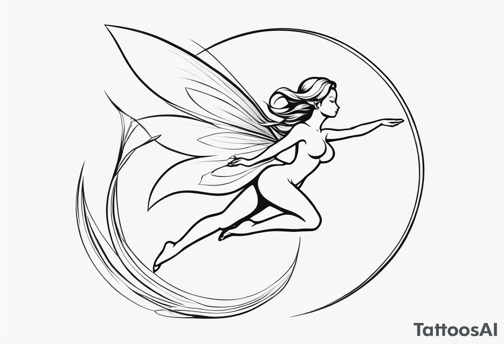 Minimalistic, monochromatic fairy with a tail flying to the left in a fetal position, leaning and looking in the same direction, with visible hands, embodying the 'Fairy Tail' logo aesthetic. tattoo idea