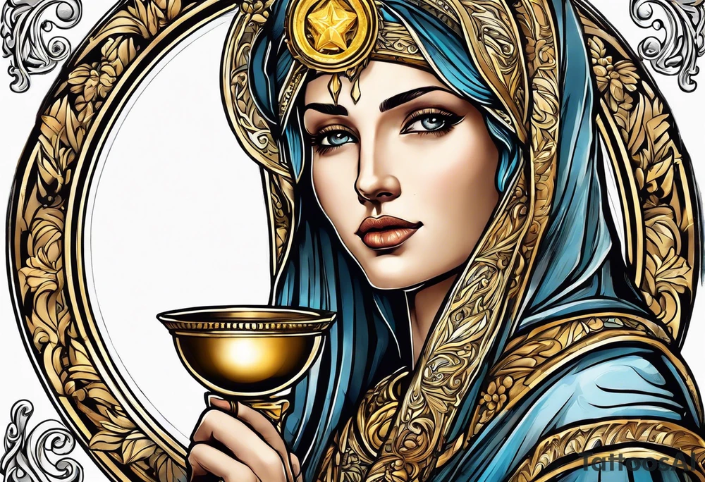 holy saint woman with golden halo holding a chalice tattoo idea