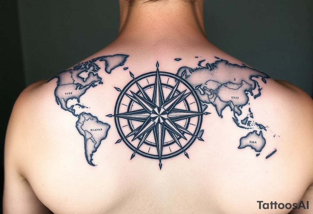 antique compass rose overlaid on weathered world map with sailing ships tattoo idea