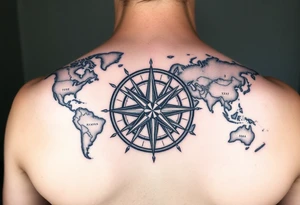 antique compass rose overlaid on weathered world map with sailing ships tattoo idea