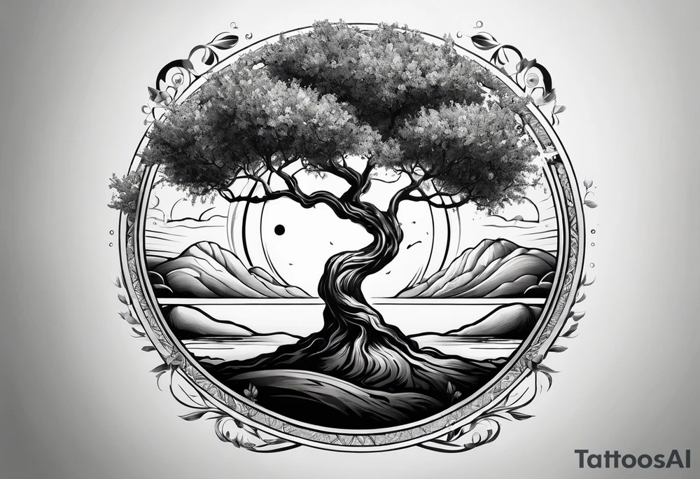an olive tree surrounded by Saturn surrounded by a black hole tattoo idea