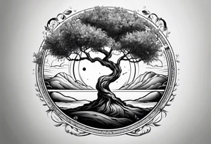 an olive tree surrounded by Saturn surrounded by a black hole tattoo idea