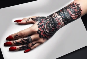 Red and black ink on fingers tattoo idea