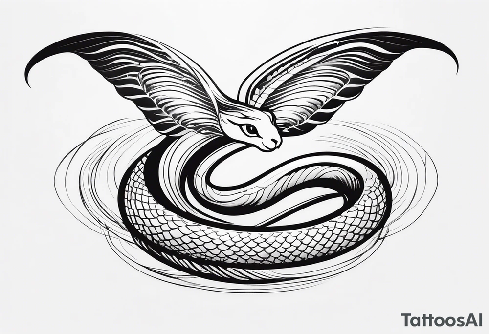 A detailed depiction of a snake with a radiant halo above its head and elegant wings extending from its sides. tattoo idea