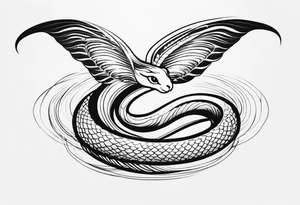 A detailed depiction of a snake with a radiant halo above its head and elegant wings extending from its sides. tattoo idea