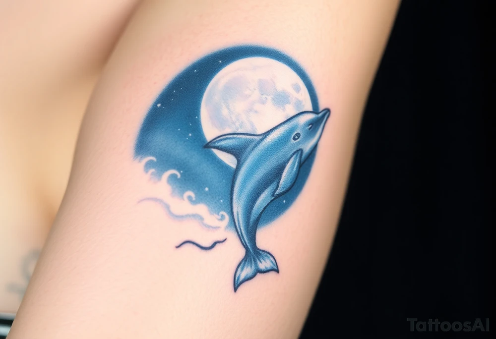 A dolphin emerging from a glowing full moon, with a deep navy-blue sky and soft silver highlights tattoo idea