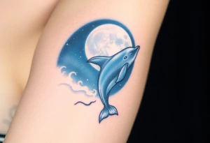 A dolphin emerging from a glowing full moon, with a deep navy-blue sky and soft silver highlights tattoo idea