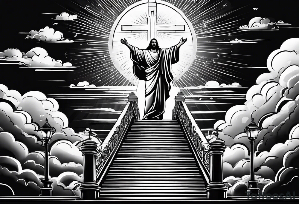 Jesus standing on a flight of stairs with clouds, sunshine and a dove in the background on the upper arm tattoo idea
