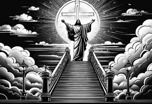 Jesus standing on a flight of stairs with clouds, sunshine and a dove in the background on the upper arm tattoo idea