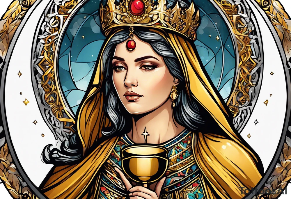 holy saint woman turned away with golden halo holding a chalice tattoo idea