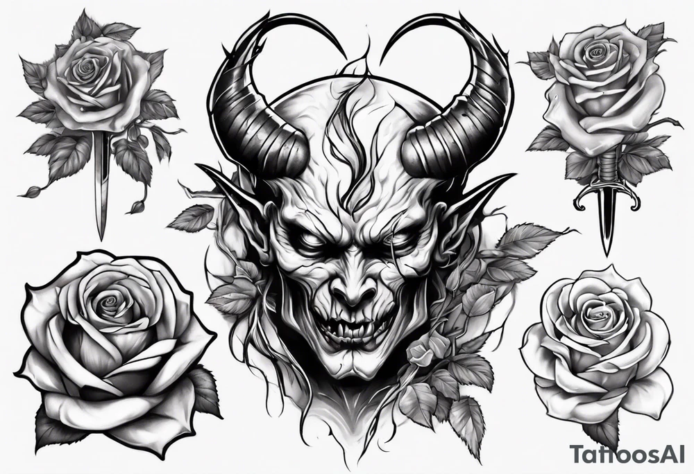 Demon with roses and sword tattoo idea