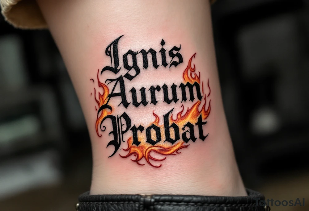 "Ignis Aurum Probat" (Fire tests gold), in etched medieval-style font, rising from flames curling around a golden ingot, done in charcoal black, dark red, and muted gold ink for a powerful, alchemical look. tattoo idea