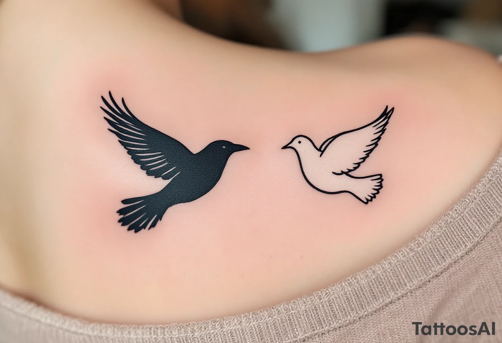 One partner wears a black crow in flight, and the other a white dove, symbolizing unity through contrast. tattoo idea