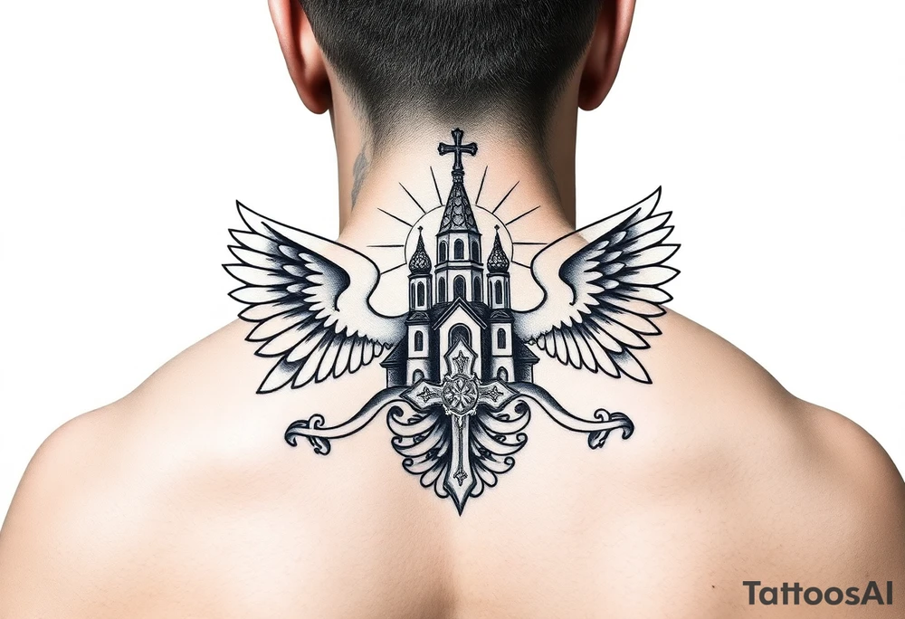 russian coat of arms with both heads visible & wings spanning out on my back neck across on to my shoulders / traps with a orthodox christian church being visible in a mountainous sun beaming setting, with the russian orthodox cross spire of the orthodox church being visible on my neck with a sun beaming in the background that the cross sits inside tattoo idea