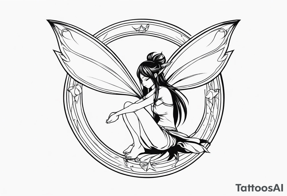 No color sketch of a fairy with a tail inspired by the guild symbol in the anime show called Fairy Tail in a fetal position leaning in and forward while crawled in tattoo idea