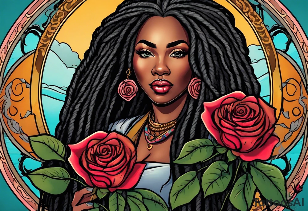 beautiful thick black women with long straight dreadlocks, holding a beautiful single rose,, pastel, old school traditional, tattoo idea