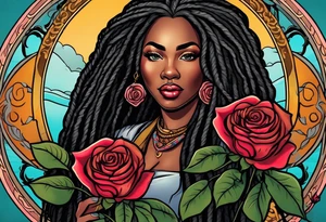 beautiful thick black women with long straight dreadlocks, holding a beautiful single rose,, pastel, old school traditional, tattoo idea