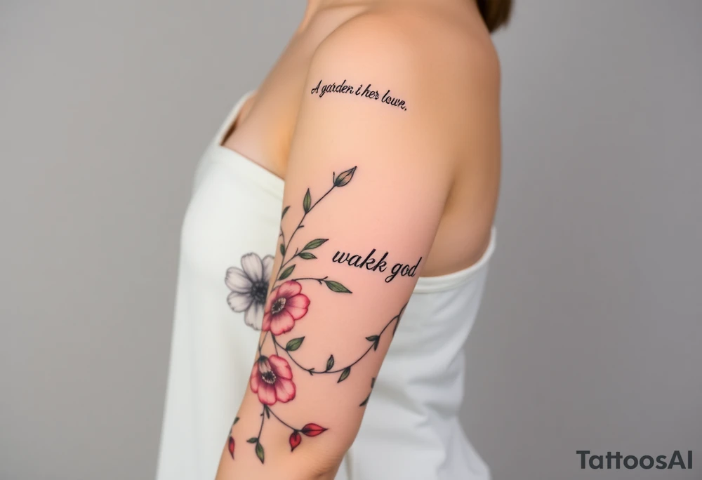 🌿 Right Arm Sleeve
	•	Top shoulder: “Soft but strong, kind but powerful.”
→ Wrapped with light olive vines
	•	Mid-arm: Peonies, lilies, tulips (your favorites)
→ Optional red ink in petal accents
	•	Lower arm/wrist: Vine wrap
→ Script: “Trust God”
	•	Style: Light, flowing, fine-line — NOT bold or filled-in

⸻

🌸 Spine Tattoo & Flow
	•	Already present floral spine tattoo
	•	New elements will connect from your sleeve, flow down from the right shoulder, lightly wrapping into your back
	•	Inspired by the reference with floral script diagonally across the spine
	•	Optional soft red ink details to enhance movement

⸻

🍑 Left Thigh + Butt
	•	Quote: “A garden of her own”
→ Placed on side of butt, flowing from lower back
	•	Floral extension down the thigh — tulips/peonies
	•	Minimal, romantic, fine-line

⸻

👣 Right Ankle
	•	Vine wrap with script: “walk in grace”
→ Placement wraps side ankle or above heel

⸻

✨ Left Arm Details
	•	Inner upper arm (2 stacked lines):
“She is clothed in strength and dignity.”
“…and laughs without fear of the future.”
	•	Lower outer arm: Number 7 (simple, small fine-line)
	•	Hand near thumb: “Godspeed” in thin cursive tattoo idea