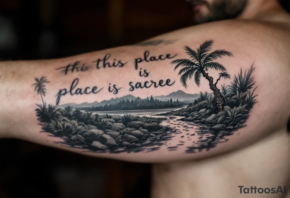 Hand written writing that says this place is sacred on a small breadfruit tree next to a river tattoo idea