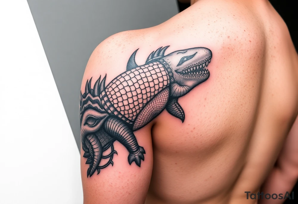 i am planning a full left arm sleeve. for my UPPER arm i already have a large black crocodile at the front. i wish to have a shark and a harbour seal to finish my upper arm with animals. anmd then for my FOREARM see this prompt 'arm sleeve tattoo design combining organic alien blackwork patterns and biomechanical dragon‑scale textures.
Dense black sections flow around lighter geometric linework, creating contrast and movement.
Incorporate fluid wave‑like shapes, layered scales, and textured shading to disguise uneven skin.
Style: black and grey, high‑contrast, heavy pattern, scar‑cover design.” tattoo idea