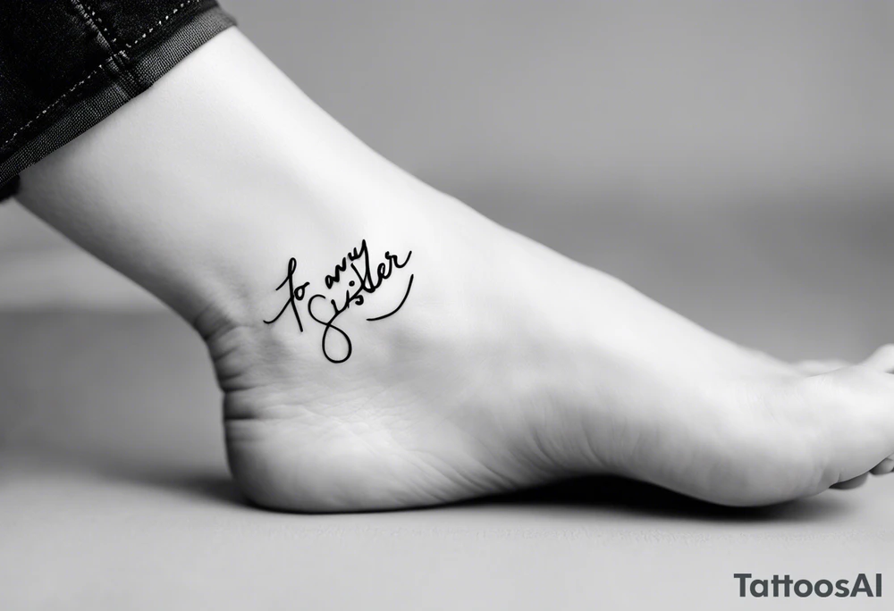 The handwritten words "to my favorite sister" written in a simple way with a delicate, fine line tattoo. Include a small puzzle piece. located on a ankle tattoo idea