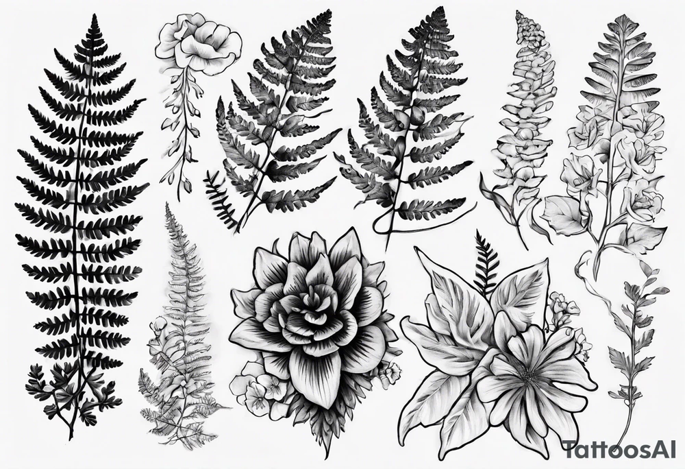 Fern and Flowers that represent the pacific Northwest tattoo idea