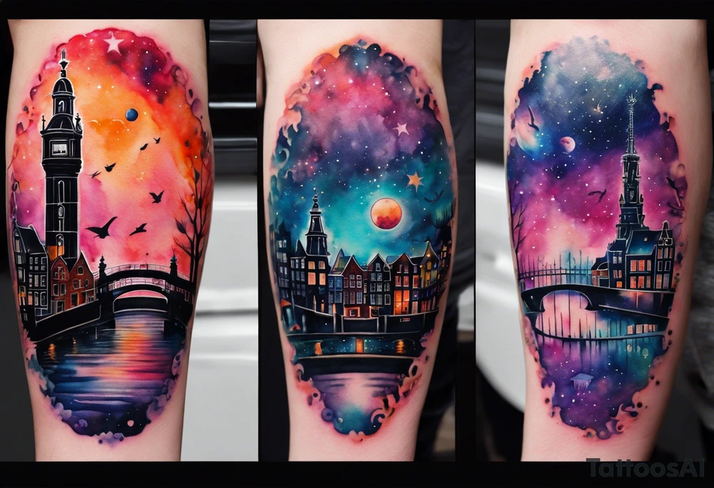 Arm tattoo, Animals in space suits, birds, stag, fox, watercolour of animals made from glass in Amsterdam featuring Amsterdam buildings and Amsterdam canal in galaxy colours featuring pineapples as space colours, galaxy colours, night sky, pineapples tattoo idea