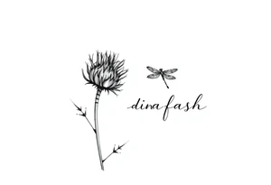 minimaliste thistle with dragonfly text : dinna fash tattoo idea