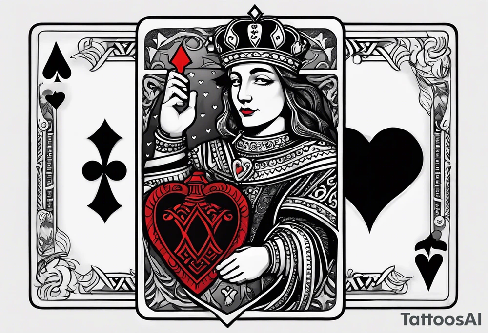 Show Two cards, king of hearts with the K in the middle of the card and hearts in the corners and the Ace of spades behind it with the A in the corner peeking from behind the king of hearts card tattoo idea