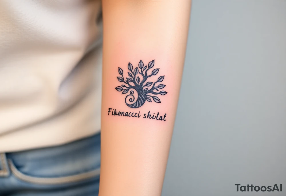 Fibonacci spiral shell inside of tree full of leaves tattoo idea