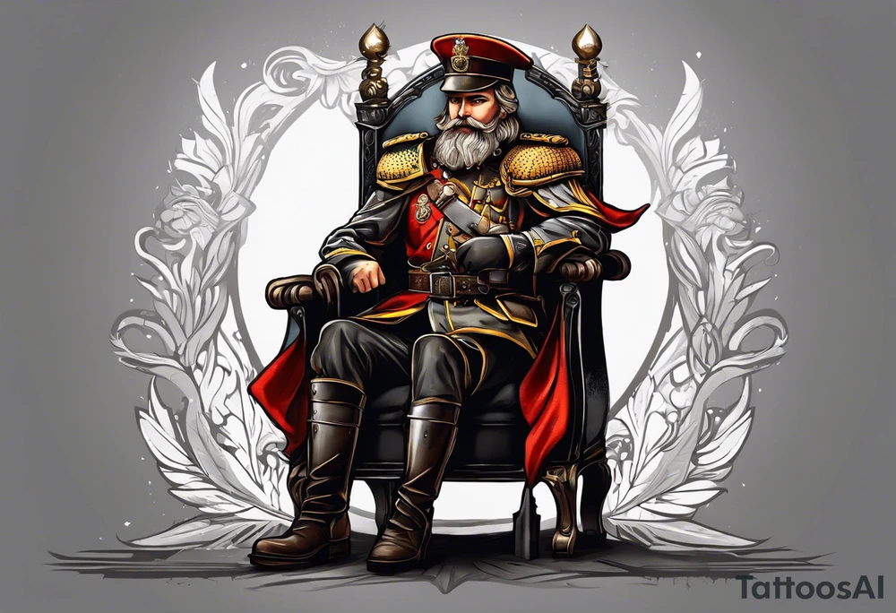a german prince is dressed as a solider and sitting on a thronw with a sceptor in one hand and a knife in the other tattoo idea
