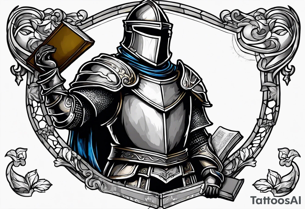 knight holding a bible over his head tattoo idea