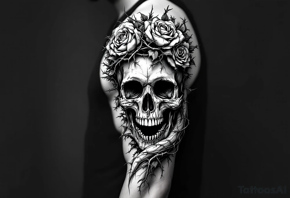 ornate skull adorned with crown of wild roses and thorns tattoo idea
