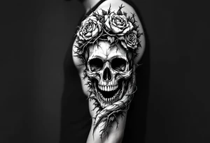 ornate skull adorned with crown of wild roses and thorns tattoo idea