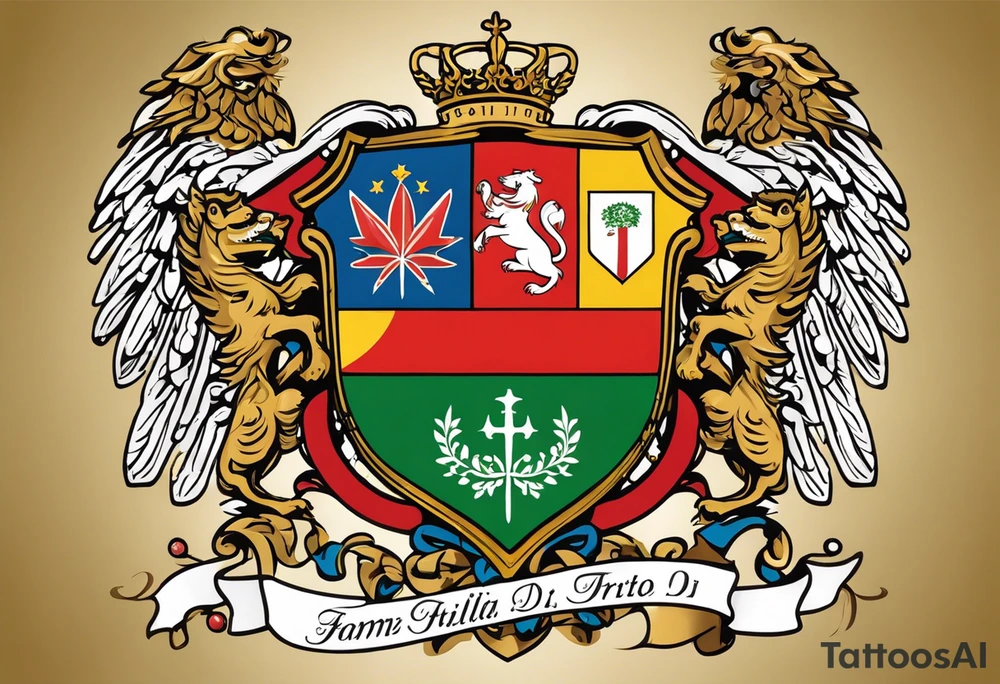 A custom family crest that includes symbols of strength and love.
The crest is divided into sections, each representing different family members with their names and dates.
Incorporate Italian elements such as the Italian flag or a laurel wreath.
The phrase "Famiglia Prima di Tutto" (Family First) prominently displayed on a banner below or above the crest. tattoo idea