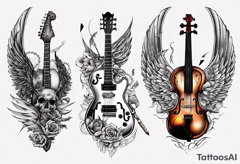 CROSSEED GUITAR AND VIOLIN WITH WINGS tattoo idea