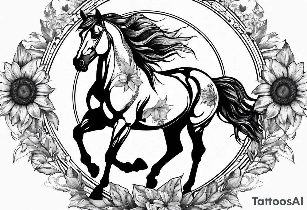 Horse, compass, sunflower tattoo idea