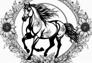 Horse, compass, sunflower tattoo idea