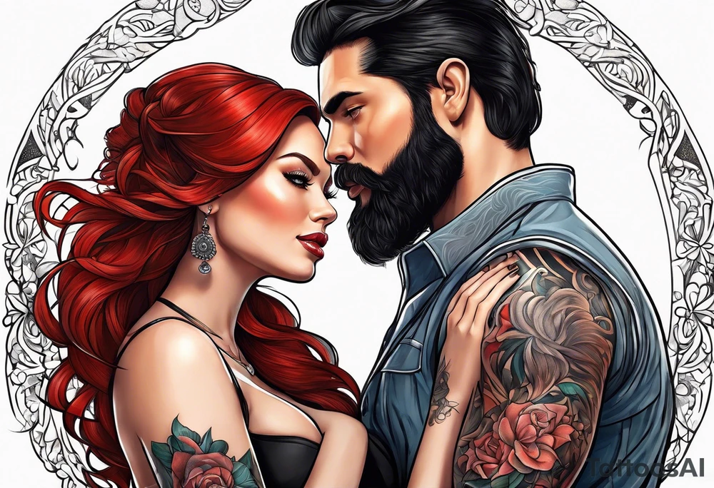 Busty red haired woman with a bearded man who has black hair tattoo idea